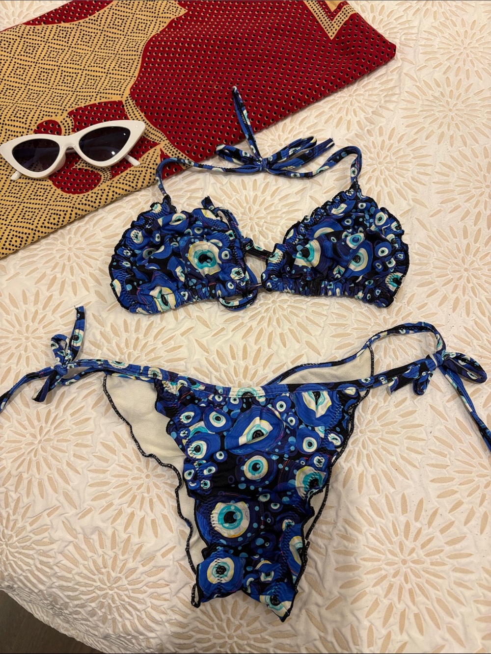 Brazilian Blue Evil Eye Patterned Side Tie String Bikini Set